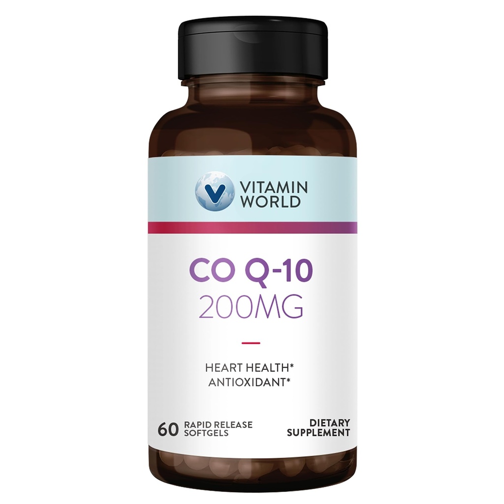ויטמין World CoQ10 200 מ"ג Softgels, Coenzyme Q10 תוספי תמיכה אנטי-חמצן, Heart Health & Energy Production, Gluten Free, 60 Rapid Release Softgels