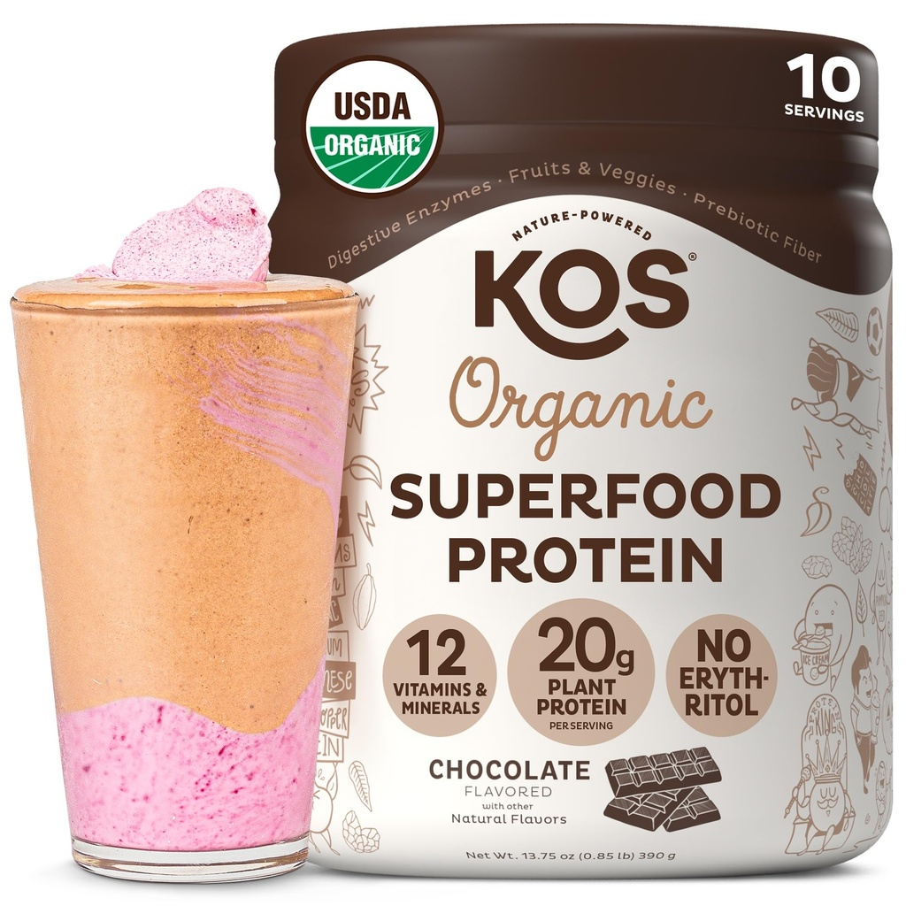 אבקת חלבון טבעוני KOS, שוקולד USDA אורגני - Low Carb Pea חלבון תערובת, צמחי מבוסס מזון עם ויטמינים ומינרלים - Keto, Soy, Gluten חינם - החלפת Meal עבור נשים וגברים - 10 משרתים
