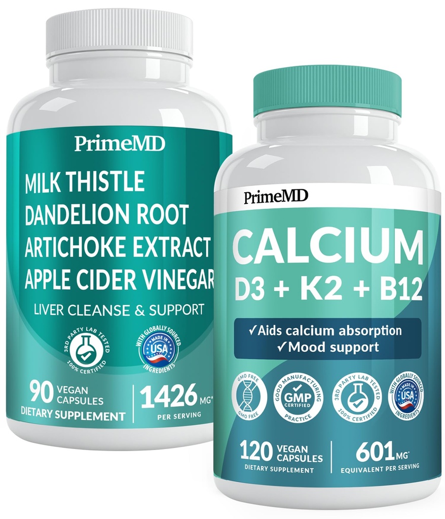 Calcium D3 K2 B12 (1pk) ו- Liver Support (1pk) תוסף Bundle - ויטמין פוטנט עבור העצם, הלב, הפונקציה Liver, ו- Immune Support - Non-GMO, טבעוני, Gluten-FreeFree