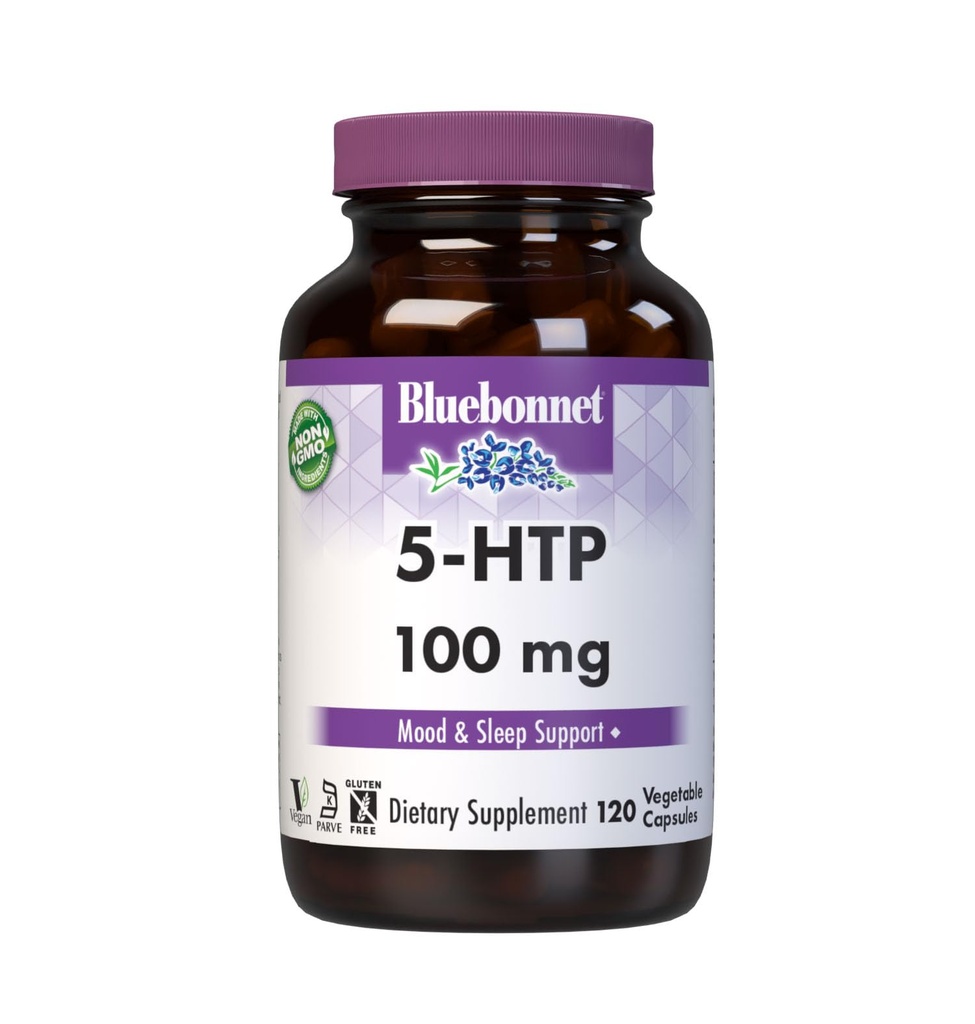 Bluebonnet Nutrition 5-HTP (Hydroxytrypophan) 100 מ"ג, עבור תמיכה נוירוטרנסמיטר *, תומך חיובי Mood *, Soy-Free, Gluten-Free, non-GMO, מוסמך כשר, טבעוני, לבן, 120 קפסולת ירקות