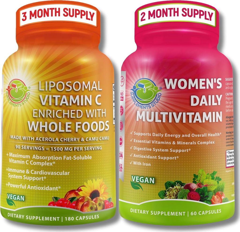 Antioxidant & Immunity Support Bundle - Liposomal ויטמין C 1500 מ"ג עם אורגני Acerola Cherry & Camu + Women's Daily Multivitamin עם ברזל, Superfoods, Probiotics & Enzymes - טבעוני, non-GMO