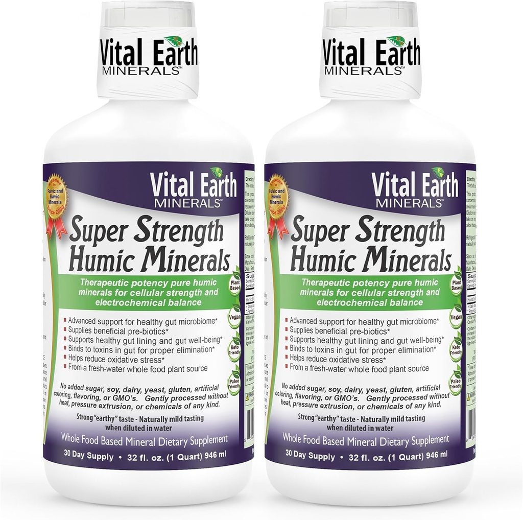Vital Earth מינרלים Super Power Humic מינרלים 2-Pack - תוסף Fulvic Acid עם 70+ Trace מינרלים, אלקטרוליטים עבור Detox & Digestion, 32 Oz Ea + 1 Oz גביע
