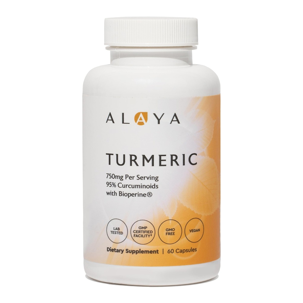 Alaya Naturals Turmeric Curcumin תוסף עם BioPerine - 750 מ"ג Per המשרת, 95% Curcumin לחלץ קפסולות Turmeric עבור נוחות משותפת, ניידות & Absorption - Non-GMO, טבעוני, מעבדה נבדק