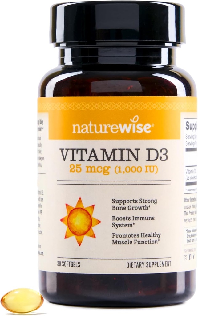 NatureWise ויטמין D3 1000iu (25 mcg) אספקת 30 יום לתמיכה בחיסון, תפקוד שרירים בריא, בריאות העצם - non-GMO, Gluten חינם ב שמן זית אקסטרה אורגני (Mini Softgel), 30 הרוזן