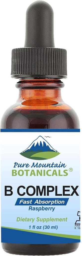 Pure Mountain הבוטנים נוזלי ויטמין B Complex - Raspberry Flavor כשר B Complex ויטמין עם B12, B6, Thiamin, biotin, Niacin - 1ozבק