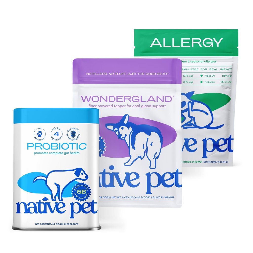 Native Pet WonderGland (30 Scoops), Probiotic (60 Scoops), & Allergy Chews (30 Air-Dried Chews) - Anal Gland Treatment for Dogs, Gut Health Supplement & Allergy Relief Bundle