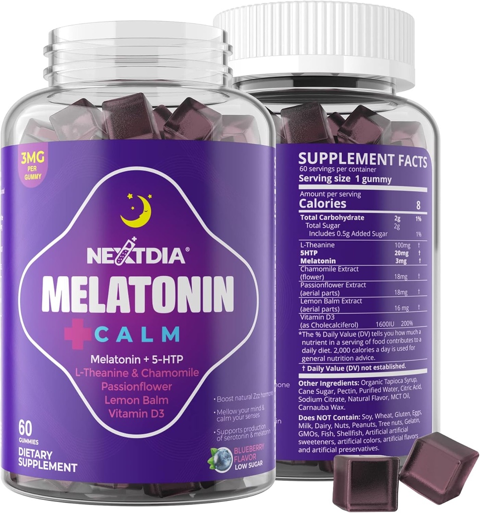 Melatonin Gummies 3 מ"ג 5 מ"ג - תמיכה בריאה במשקל עם 5HTP, L-theanine, Lemon Balm, Chamomile, Passion Flower, ויטמין D3 לתמיכה ב Immune - סוכר נמוך, Gelatin חינם, טבעוני - 60 Counts ספירות
