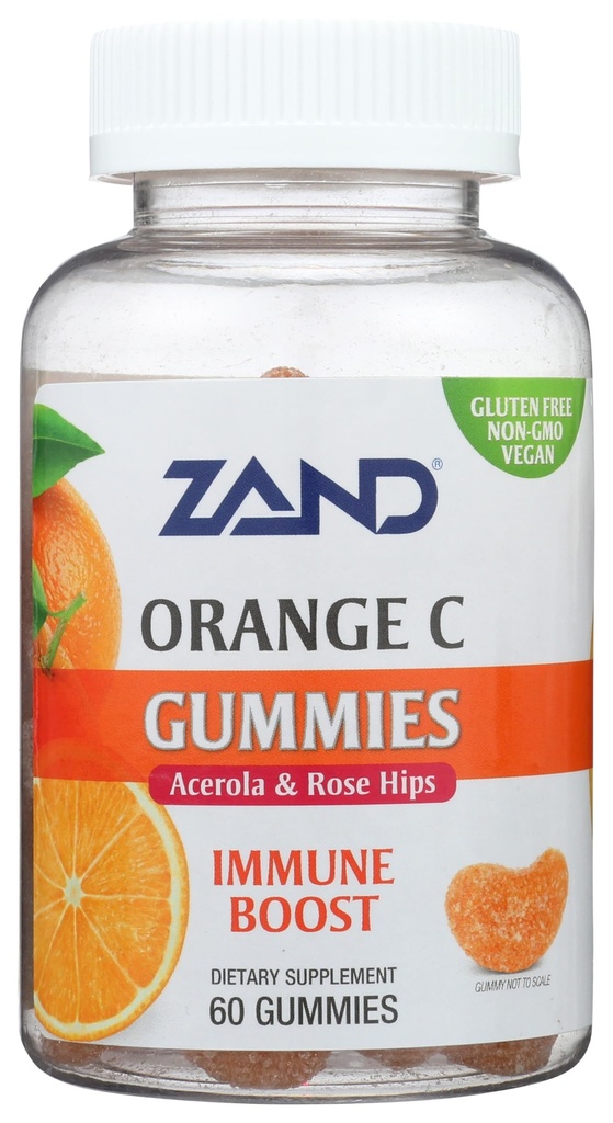 ZAND Immunity Orange ויטמין C Gummies, Wellness ו-Immune Support Supplement, Chewable ויטמין C w/Citrus Bioflavonoids, Rose HIPS ו- Acerola, טבעוני, גלוטן חינם, 60 יום ערבות, 30 משרתות