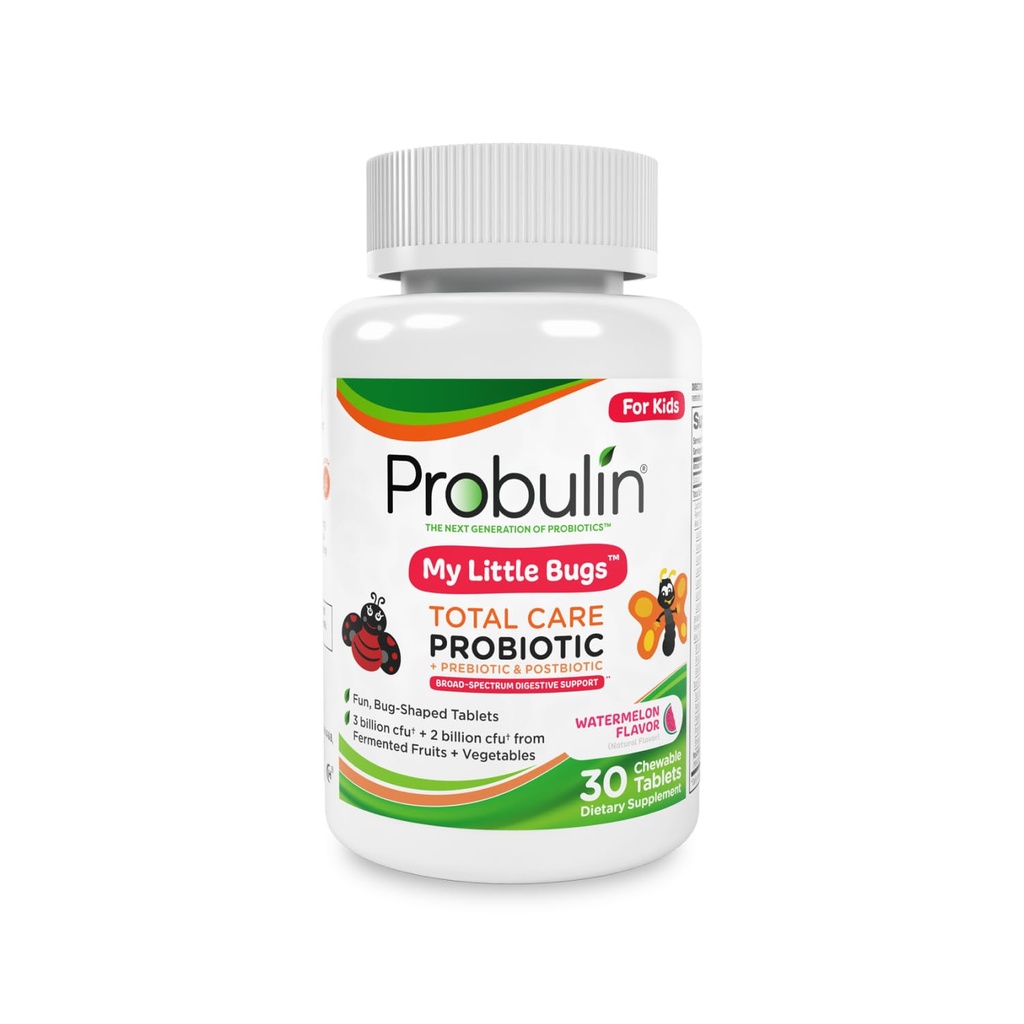 Probulin Total Care Kids Probiotic Chewable Tablets, My Little Bugs Prebiotics Prebiotics, Probiotics ופוסטביוטיקה צ'ו תוספי מזון, 5 מיליארד CFU, 15 סטרינס, 30 Countבק