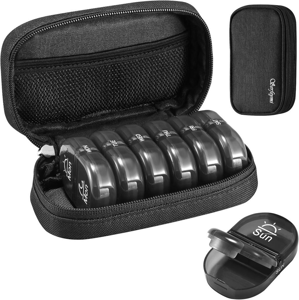 Serfeymi® Travel Pill Productionser 2 Times A Day AM PM שדרג את Black Pill Box 7 Day עם Portable Zipper Canvas Pill Case, מארגנת תרופות עבור גלולות, ויטמינים, תוספים, שמן דגים - שחור 01