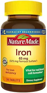 הטבע עשה ברזל 65 מ"ג 365 טבליות (325 מ"ג Ferrous Sulfate), תוספי תזונה עבור Red Blood Cell Support, 365 Tablet, 365 Day Supply- Bundled with nalkot Supliments Guide
