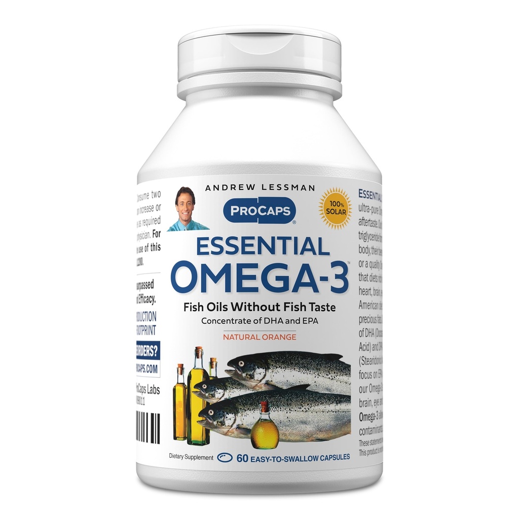 ANDREW LESSMAN Essential אומגה 3 Orange - 60 Softgels - Ultra-Pure, שמן אומגה 3 גבוה. DHA גבוה, No Stomach Upset, No Contaminants, No Mercury. קל ל-Swallow Softgels