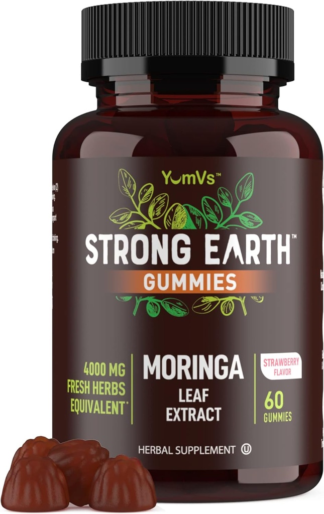 כדור הארץ חזק - Moringa Gummies 400 מ"ג - Super Food Greens תוסף עבור אנרגיה Boost - ויטמין רב טבעי Moringa Oleifera Leaf Extract Gummy, 60 Ct - Tastier Than Pills או קפסולות