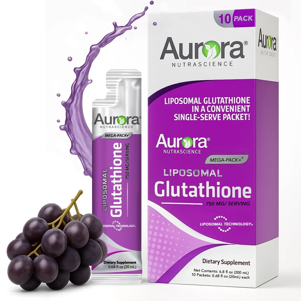 אורורה Nutrascience Mega-Liposomal נוזל Glutathione, Immune & Antioxidant Gut Health Support Supplement, 750 מ"ג עבור שירות, non-GMO, Sugar-Free, 10 Single Serve Packets
