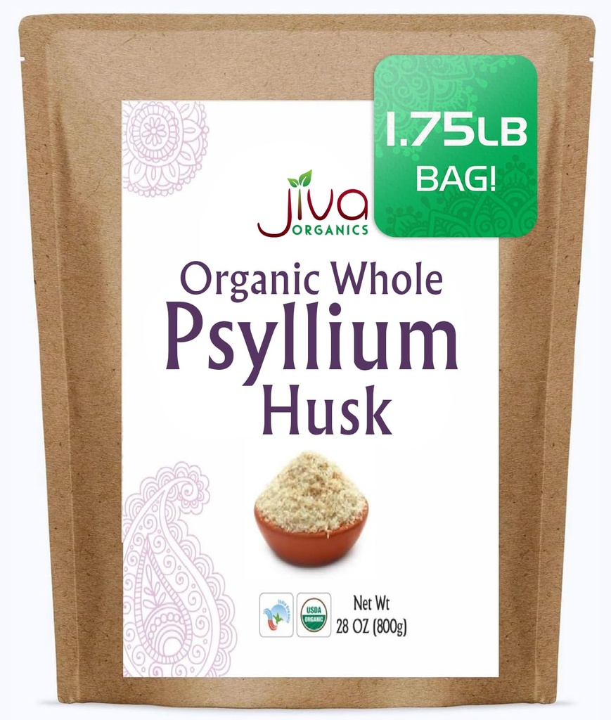 Jiva Organics Whole Psyllium Husk (Isabgol) 1.75 LB (28 Oz) ג'מבו באג - non-GMO, Unflavored - Keto Friendly, Soluble סיבים