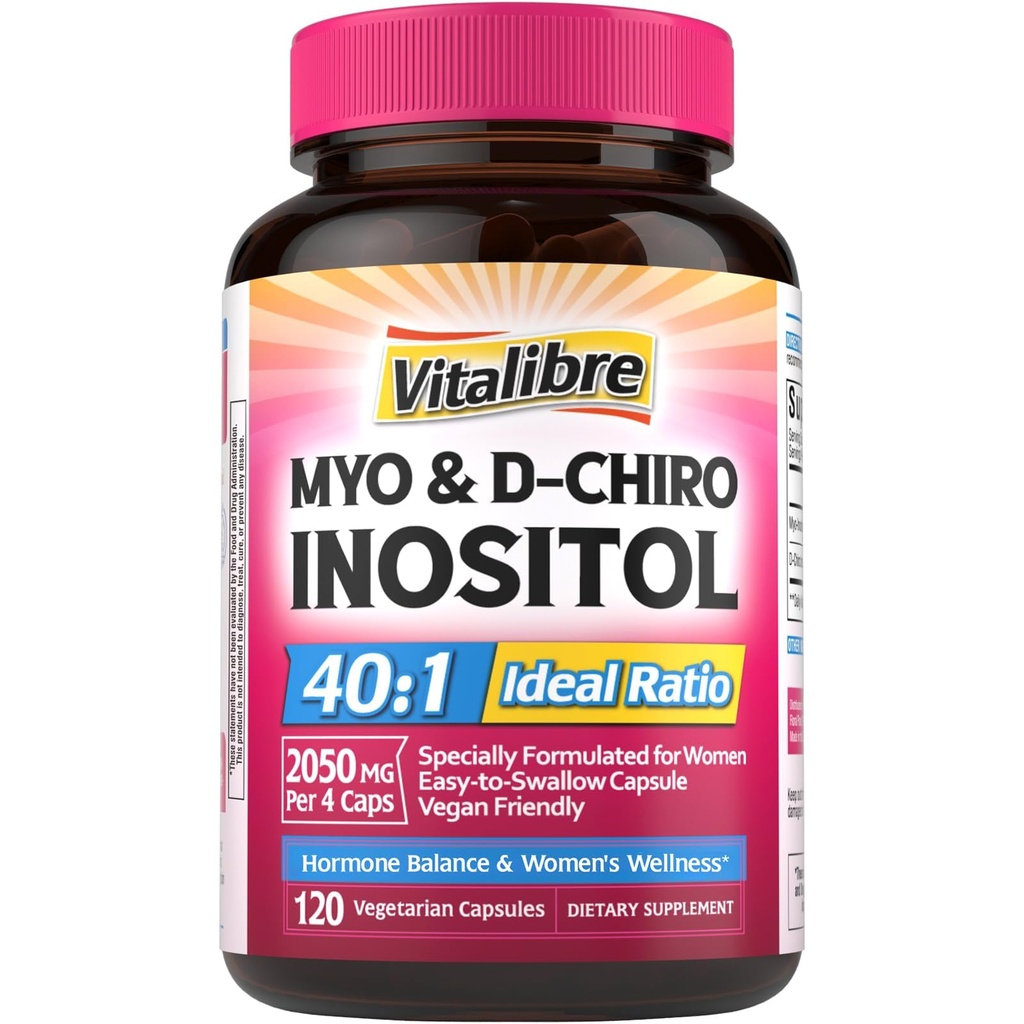 תוספי Inositol, Myo-Inositol & D-Chiro Inositol פריון תוספי עבור נשים, 40:1 אידיאלי Ratio, איזון הורמונלי ותמיכה Ovarian, 120 קפסולות טבעוניות