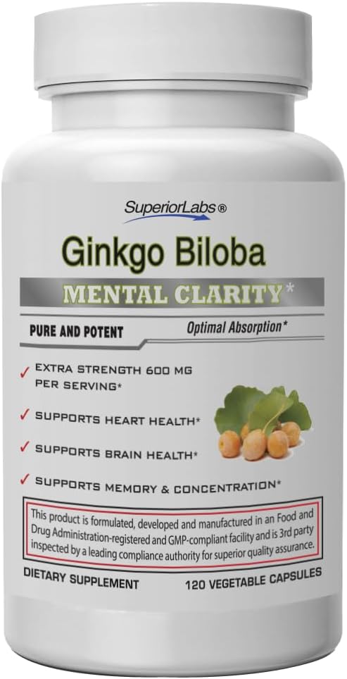 SuperiorLabs גינקו בילובה 1200 מ"ג, non-GMO, Black Pepper עבור Absorption מוגברת, ג'ינקגו לחלץ, משפר את הזיכרון וה Focus, Circulation Booster, Natural Antioxidant Nootropic, 120 Veg Capsssssorption, שיפור זיכרון והתמקדות, Circulation Booster, Natural Antioxidant Nootropic, 120 Veg Caps