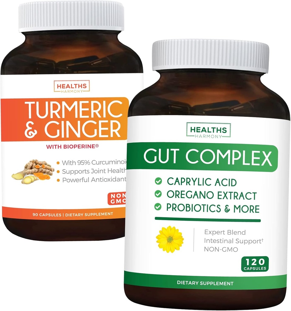 Save 11 (23% Off) - Gut Balance Bundle - Gut Complex with Caprylic Acid for Balanced Gut Health & Probiotic Support (120 קפסולות) & Turmeric & ג'ינג'ר עם 95% Curcumino & Bioperine (90 קפסולות)