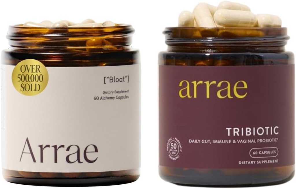 Arrae Bloat + Tribiotic Bundle, Bloating Relief Enzymes, Gas & Indigestion Relief, Probiotics for Women, Support for Vaginal pH Balance, Immune, ו- Feminine Health, 60 קפסולות לכל אחת.