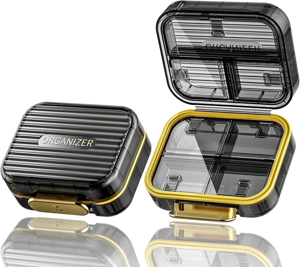 Travel Pill Case, Small Pill Box for Purse, Acedada Portable Daily Pill Container, קומפקטי Moistureהוכחה 7 השוואתיות גלולות מארגנת, Stylish Medicine Holder עבור ויטמינים שמן דגים, שחור שחור