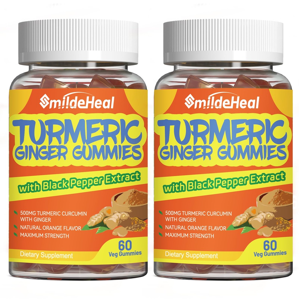 Turmeric Curcumin Gummies 500 מ"ג, עם תמצית שורש Turmeric, ג'ינג'ר Root, Black Pepper Extractidant Support, Orange Flavor Gummies, 60 Count (Pack of 2)