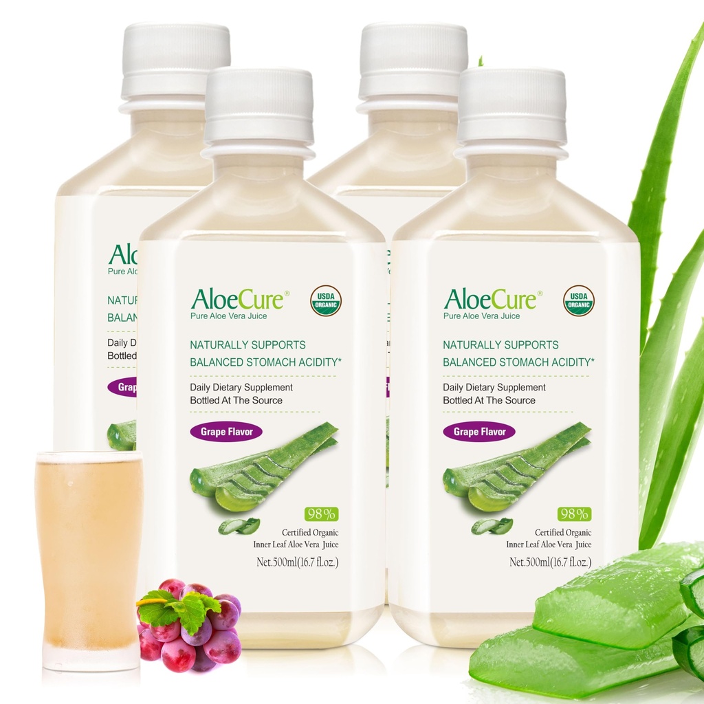 AloeCure USDA אורגני Aloeורה Juice Grape Flavor, המיוצר בתוך 12 שעות של קציר - טהור Aloe Vera Digestive & Immune Health תוספת, מסייע לשמור על איזון של חומציות Stomach, 16.7 x 4 Btls