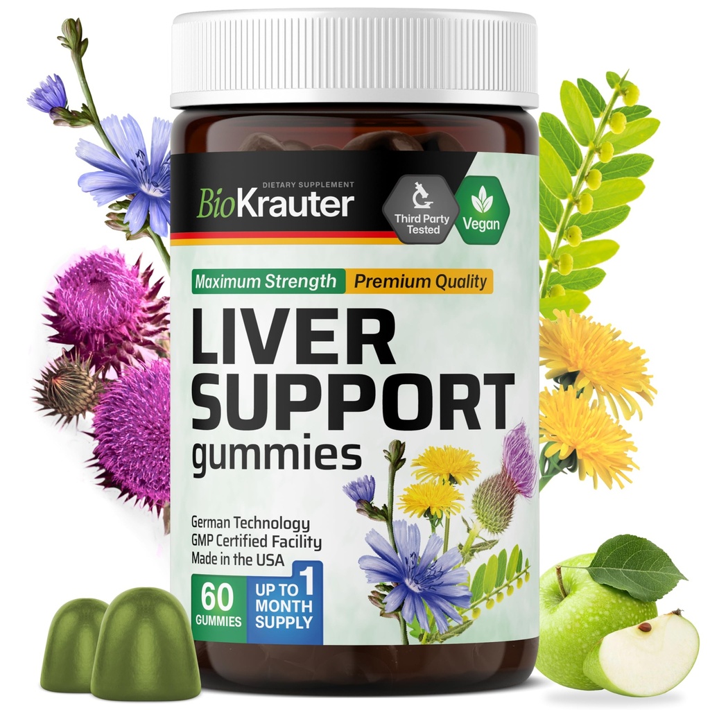 BIO KRAUTER Liver Gummies - 60 צ'אדות טבעוניות w/Milk Thistle, Dandelion Root for Liver Cleanse & Detox - 80% Silymarin
