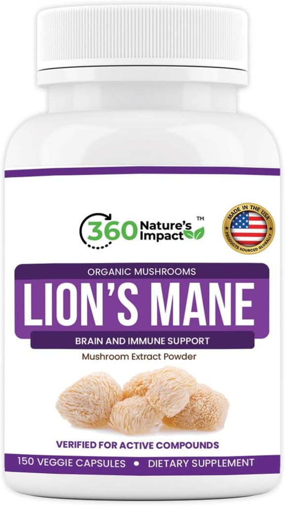 360 Nature's Impact Lions Mane Mushroom קפסולות (150 קפסולות) עבור תוספי תמיכה לבריאות המוח, תוספת אורגנית עם Beta-Glucans & Hypromellose עבור מערכת קוגניטיבית