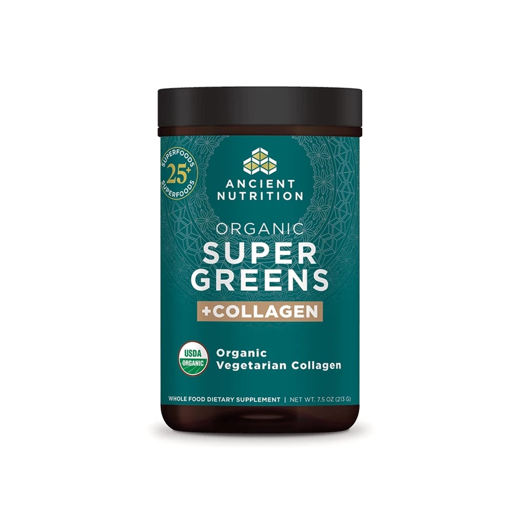 אבקת Supergreens תזונה עתיקה, אבקת סופר-מזון אורגני עם קולג'ן, המיוצרת מפירות אמיתיות, ירקות והרבס, עבור תמיכה עיכול ואנרגיה, 25 משרתים, 7.5oz
