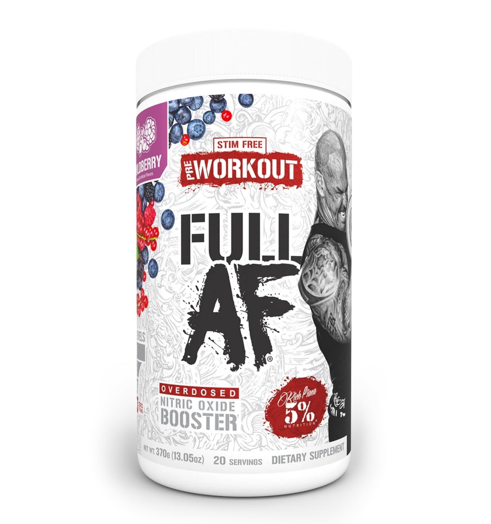 5% Nutrition FullAF Pre-Workout | Stim-Free with Massive Pumps | L-Citrulline, L-Taurine, Nitrosigine, GlycerSize | 13.05 oz (Wildberry)