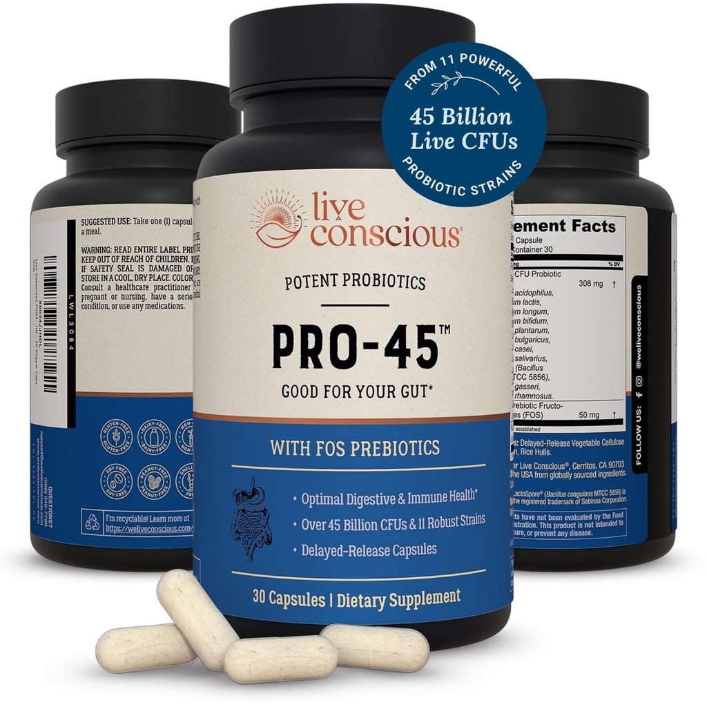 Live Conscious PRO45 Probiotics for Women & Men: Wideve Formula, 45 מיליארד CFU, 11 סטרינס, חלב חינם - W / פרביוטיקה ופרוביוטיקה - מקדם Immune & Gut Health - 30 Veggie Caps