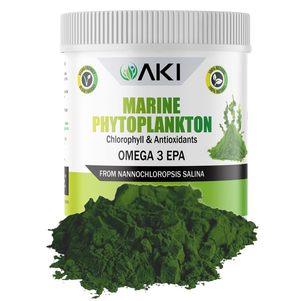 AKI Marine Phytoplankton אבקת - מקור של Raw אומגה 3 EPA מיקרו Algae Nannochloropsis - חלבון מבוסס צמחים, ויטמינים עבור כלל בריאות - מקור חלבונים שלם, טבעוני & GMO חינם (2oz/57g)
