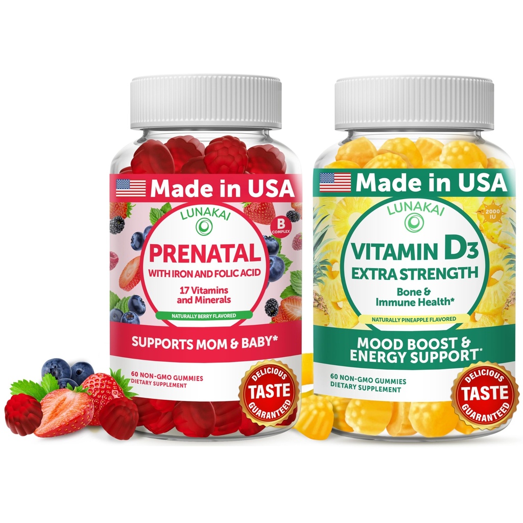 לונהקאי Prenatal ווויטמין D3 מסטיקנים בונדלה - הריון Multivitamin Gummy עם Iron & Folic Acid - Immunity, Bone ו- Mood תומך תוסף למבוגרים - 30 ימים אספקה