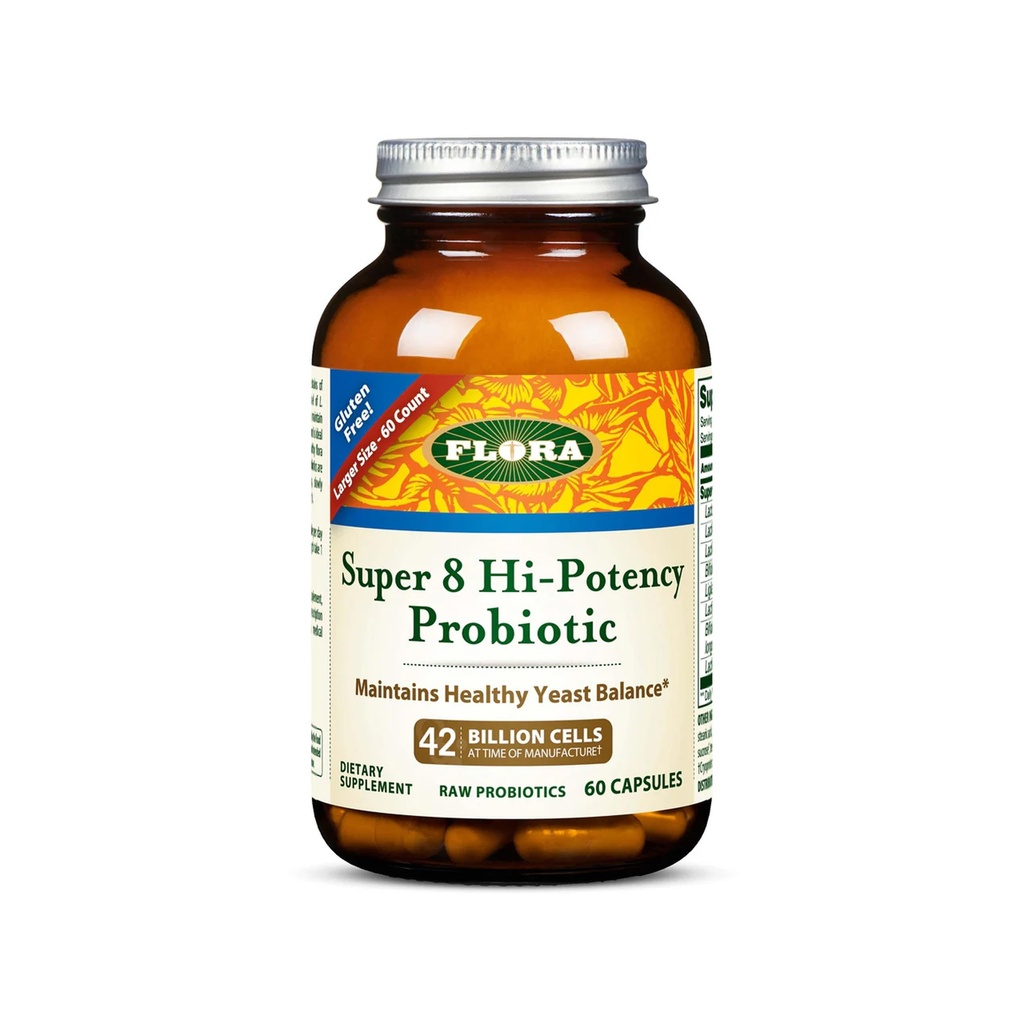 פלורה - Super 8 Hi-Potency Probiotic - Daily Probiotic for Gut & Digestive Health - 42 מיליארד CFU - מכיל Lactobacillus & Bifido חיידק סטרינס - Keep Chilled - 60 קפסולות