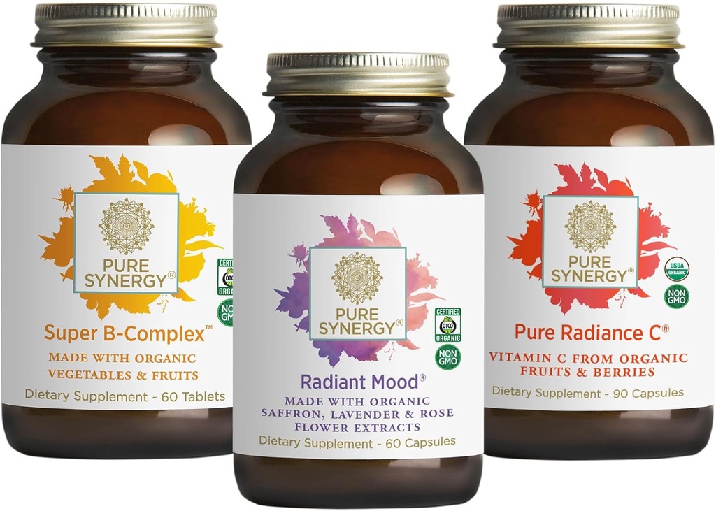 PURE SYNERGY Mood ו- Adrenal Support Bundle | Mood Support Supplement with Organic Saffron Extract; USDA אורגני ויטמין C | ויטמין B מורכב עם Whole Foods