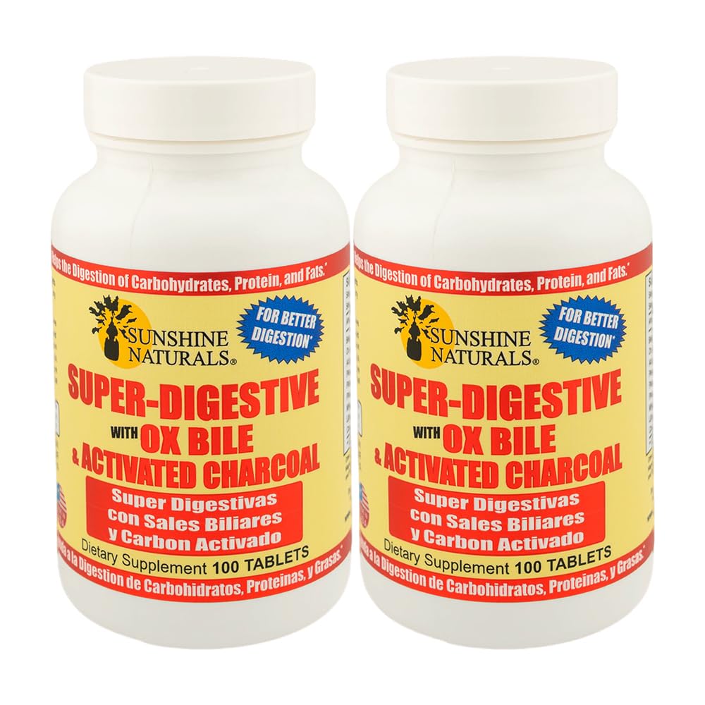 Sunshine Naturals Super Digest Ox Bile & מופעל Charcoal עבור תמיכה מזיקה, Bloating Relief, Gut ניקויse, Absorption תזונתית, ו- Total Wellness. 100 טבליות חבילה של 2