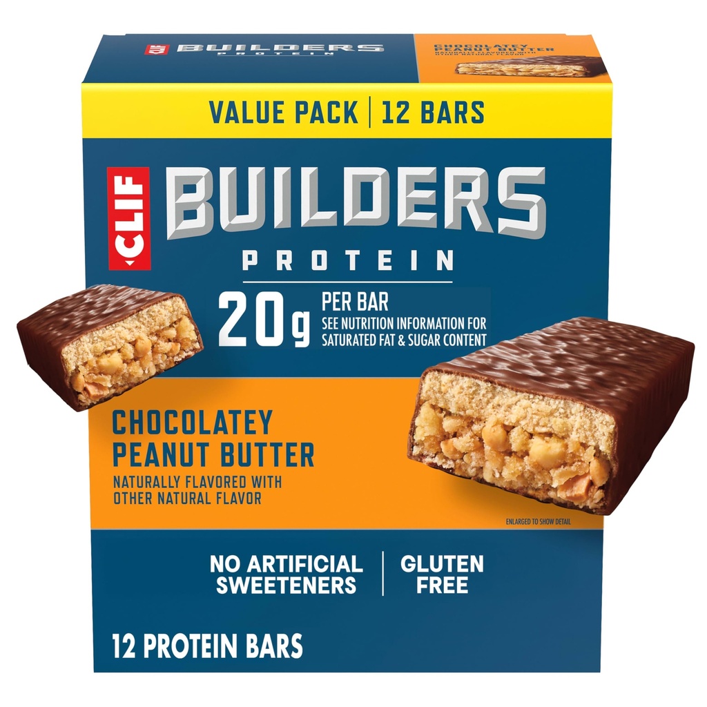 CLIF BUILDERS חלבונים Bars - Chocolate Peanut Butter Flavor - 20g Plant Based Protein - Gluten Free - Non-GMO - Low Glycemic - No Artificial Sweeteners - Value Pack, 2.4 oz.