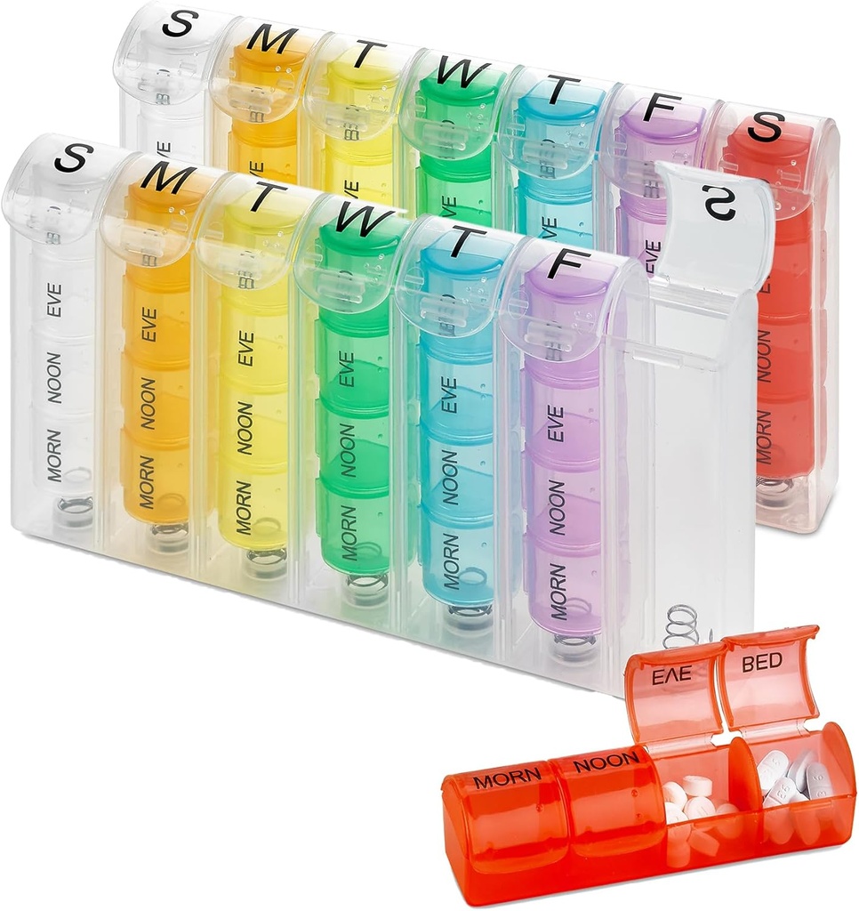 מארגנת גלולות שבועיות - (Pack of 2) פלאנרים עבור גלולות ווויטמינים בכל שבוע, Four Times-a-Day תרופות מזכיר, Easy to Read AM/PM השוואתי יום שני עד יום ראשון עבור נסיעות ופורזה