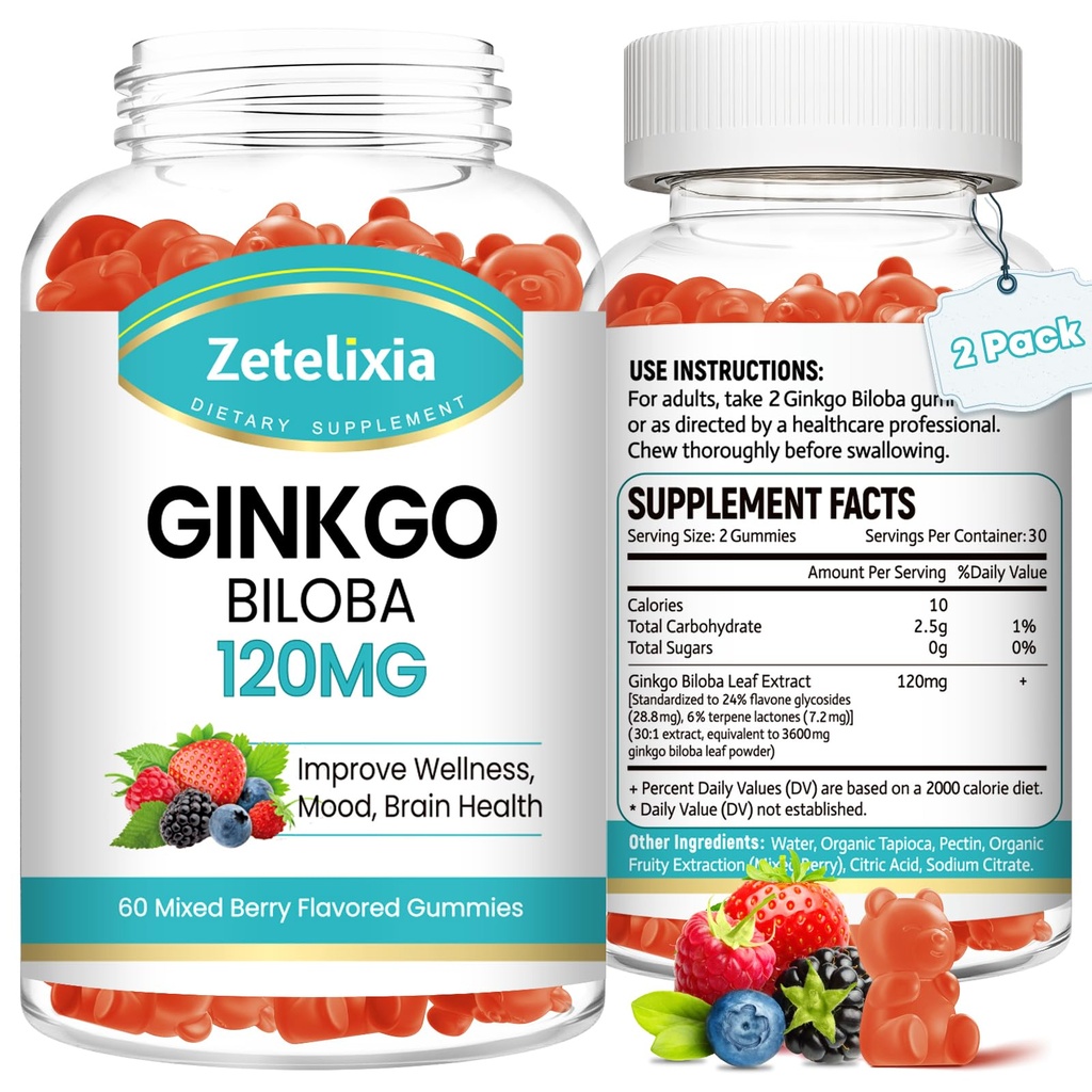 2 Pack Ginkgo Biloba Gummies for Women and Men, Brain Supplement Better Mood and Focus, טבעוני ברי פלאמור 120