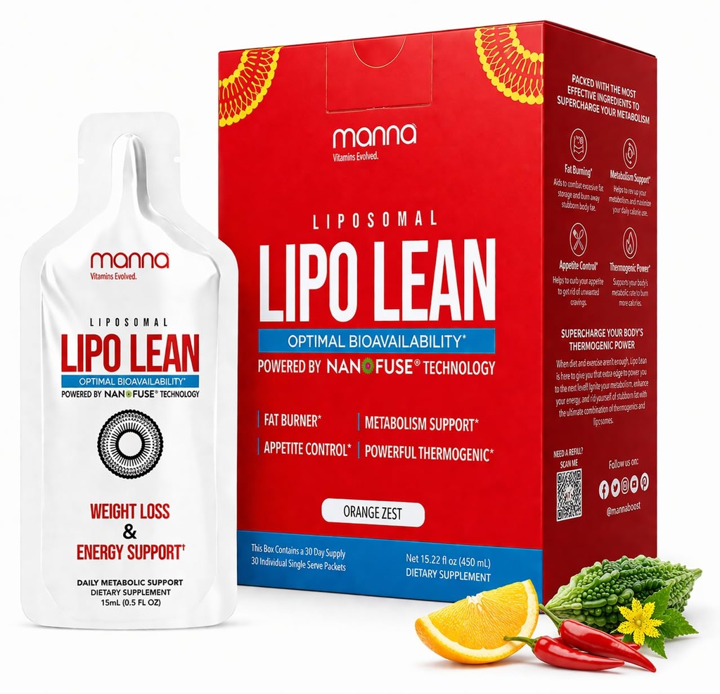 Manna Vitamins Evolved Liposomal Lipo Lean, Thermogenic Metabolism Support, Cravings Management, Weight Loss Support for Women, Men, Liposomal Absorption 3500mg CLA, Carnitine, Green Tea, 30 Packets