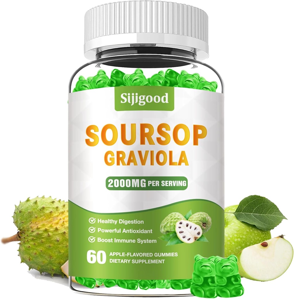 סוכר חינם Soursop Graviola Gummies - אורגני Soursop Leaves & פירות לחלץ - סיוע תזונתי, Immune Support & Antioxidant Properties - 60 Apple Flavored Gummiessop