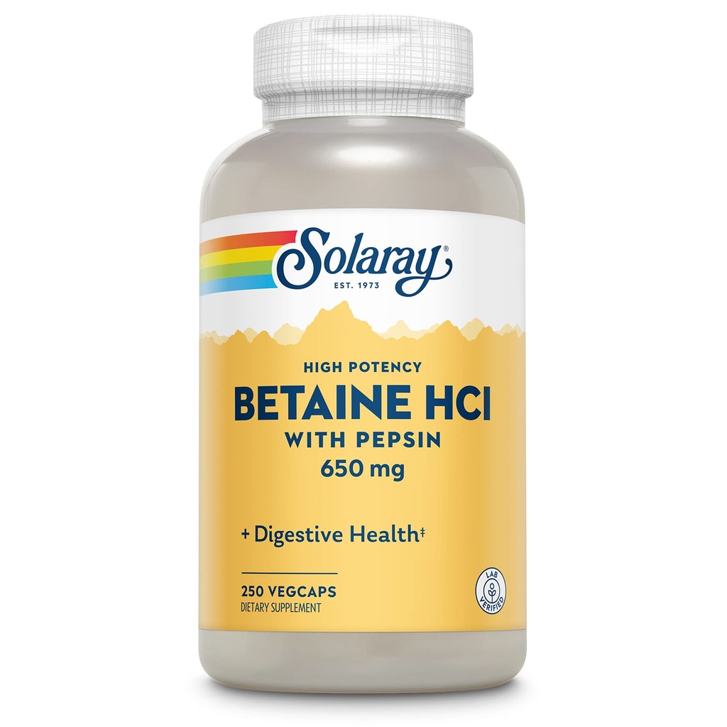 Sunay High Potency Betaine HCL עם פפsin - תוסף הידרוכלורי לבריאות העיכול - עם Betaine hydrochloride ו- Digestive Enzymes - Gut Health Support - 60 יום ערבות, 250 VegCaps