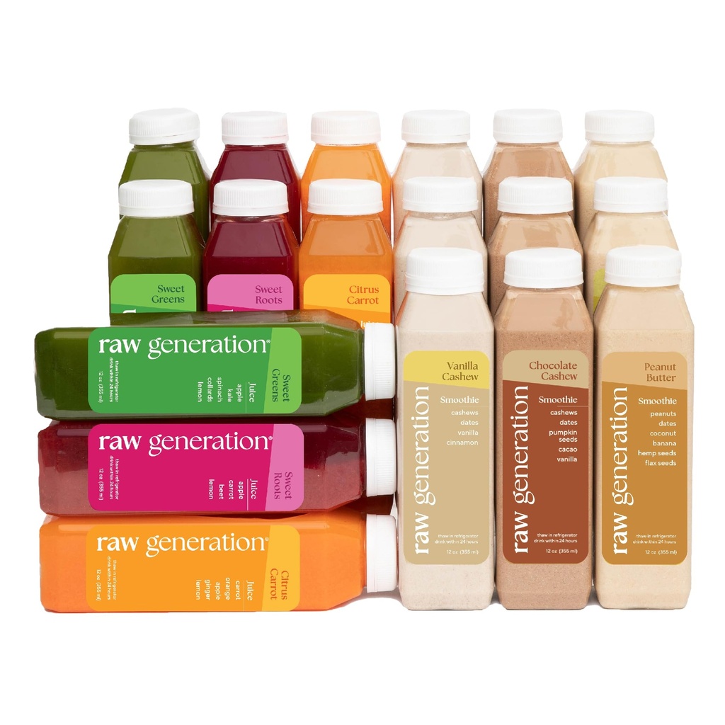 Raw Generation חלבונים ניקוי - 3 ימים Juice & Smoothie ניקוי עבור אובדן משקל, שריר Lean, מופחת Bloating & מוגברת אנרגיה - 18 בקבוקים כדי לתמוך Workouts ולאזן את הדיאטה שלך