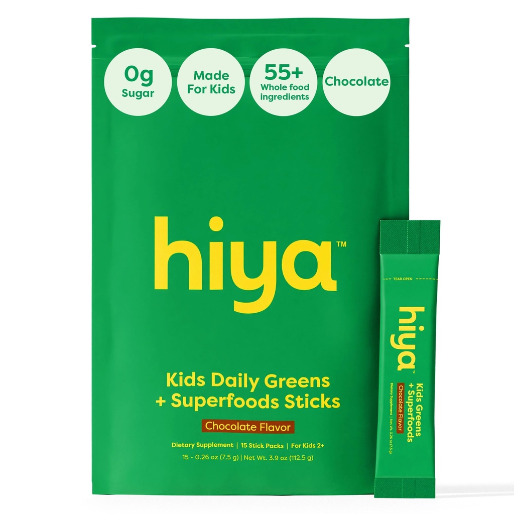 HIYA Kids Greens Powder Sticks - 55 Whole-Food Sourced Ingredients & Delicious Flavor - Greens Superfood Powder for Kids (Chocolate)