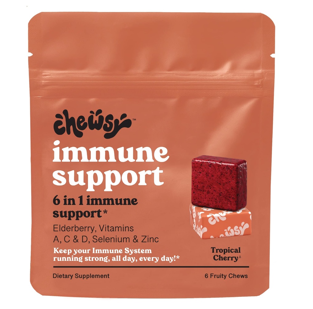 Chewsy - 6-in-1 Immune Support Fruity Chews with Elderberry - ויטמין C, A ו- D, Zinc ו Selenium - באופן אינדיבידואלי Wrapped - 6 ימים אספקה