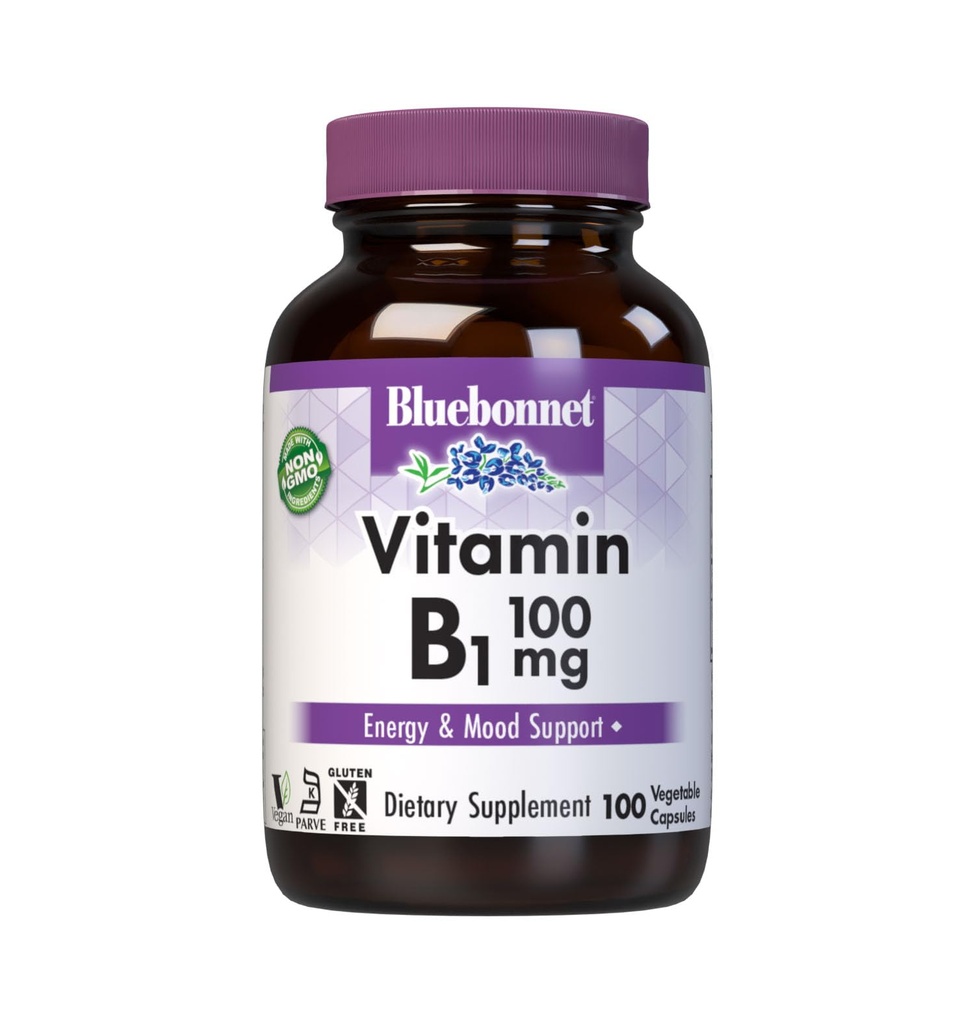 Bluebonnet ויטמין B1 100 מ"ג - תמיכה ואנרגיה של נשים וגברים * Thiamin HCl - non-GMO, טבעוני, כשר, Gluten-Free - 100 קפסולות ירקות, 100 יום אספקת מים
