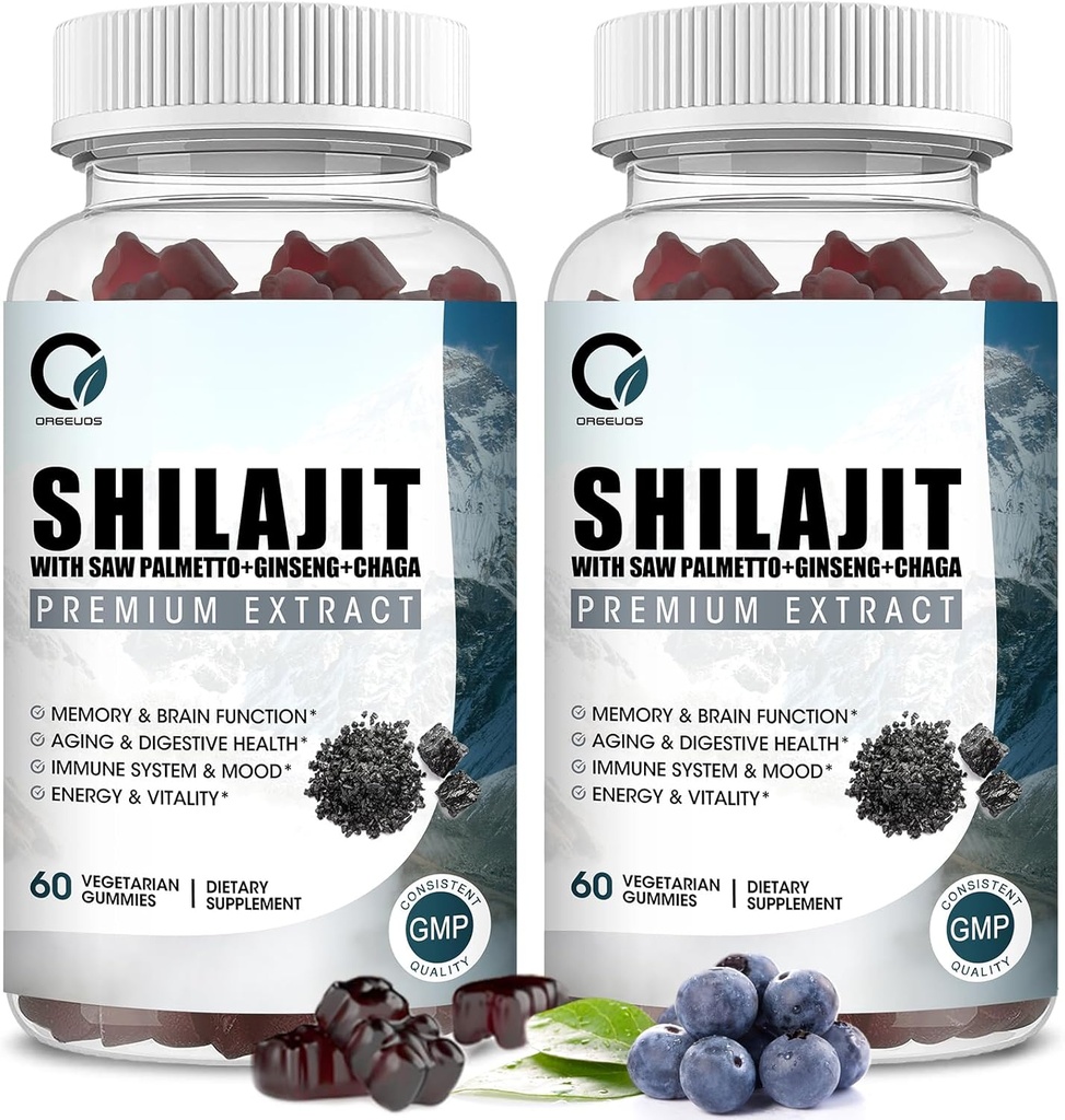חניכיים ההימלאיה Shilajit עם 85 + Trace מינרלים & Fulvic Acid עבור אנרגיה, Immune, תמיכה קוגניטיבית גבוהה עוצמה טבעית שילאג'יט לגברים ונשים 60 חניכיים (2 Packs)