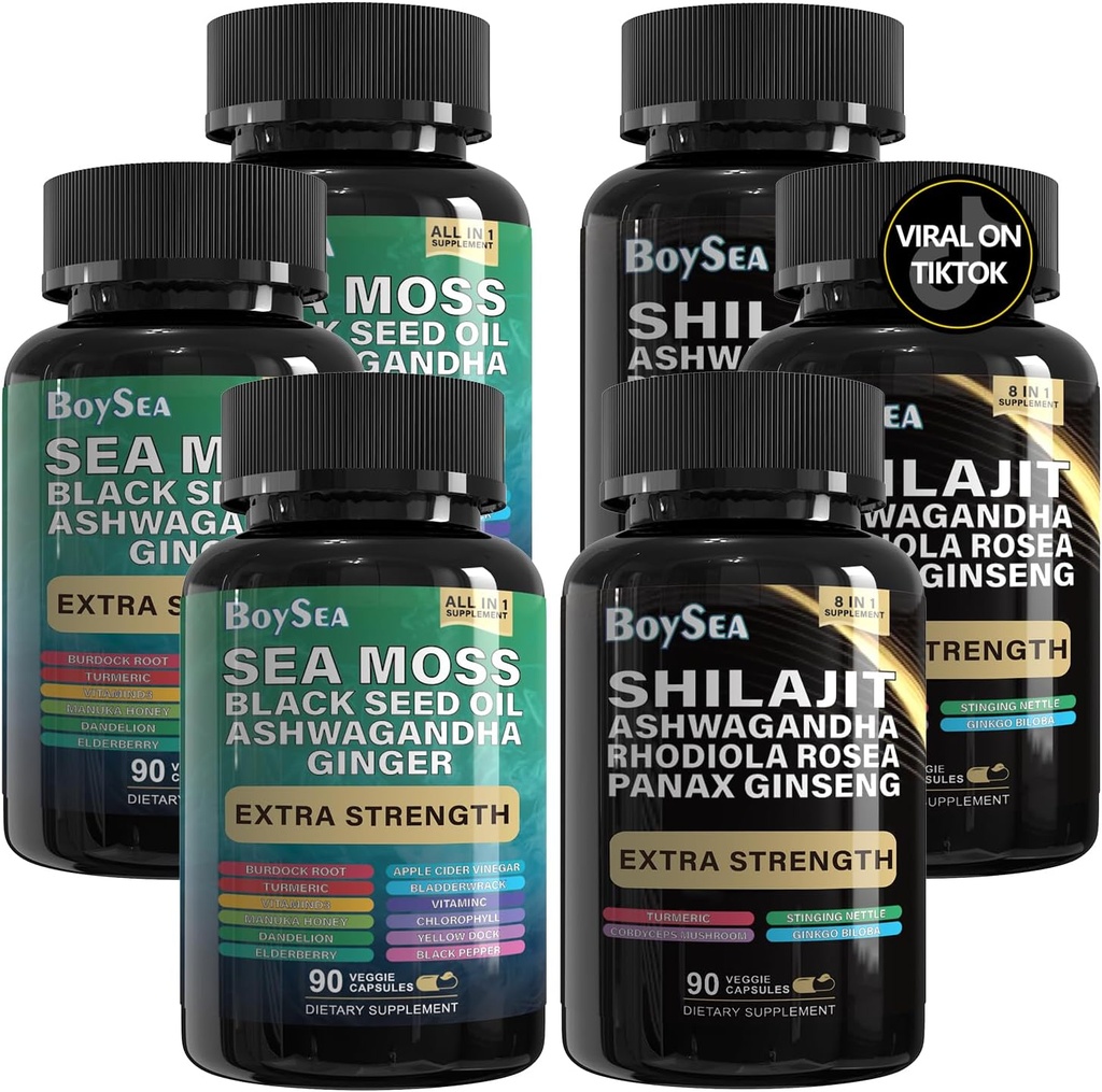 בנים Shilajit ו Sea Moss Bundle- 90 Count - Sea Moss, Black Seed Oil, Ashwagandha, ג'ינג'ר ו Shilajit, Rhodiola Rosea, All in 1 תוספים (3 Pc)