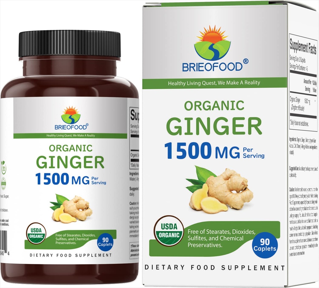 Brieofood אורגני ג'ינג'ר 1500 מ"ג, 45 שרתים, Vegetarian, Gluten Free, 90 טבליות Vegetarian