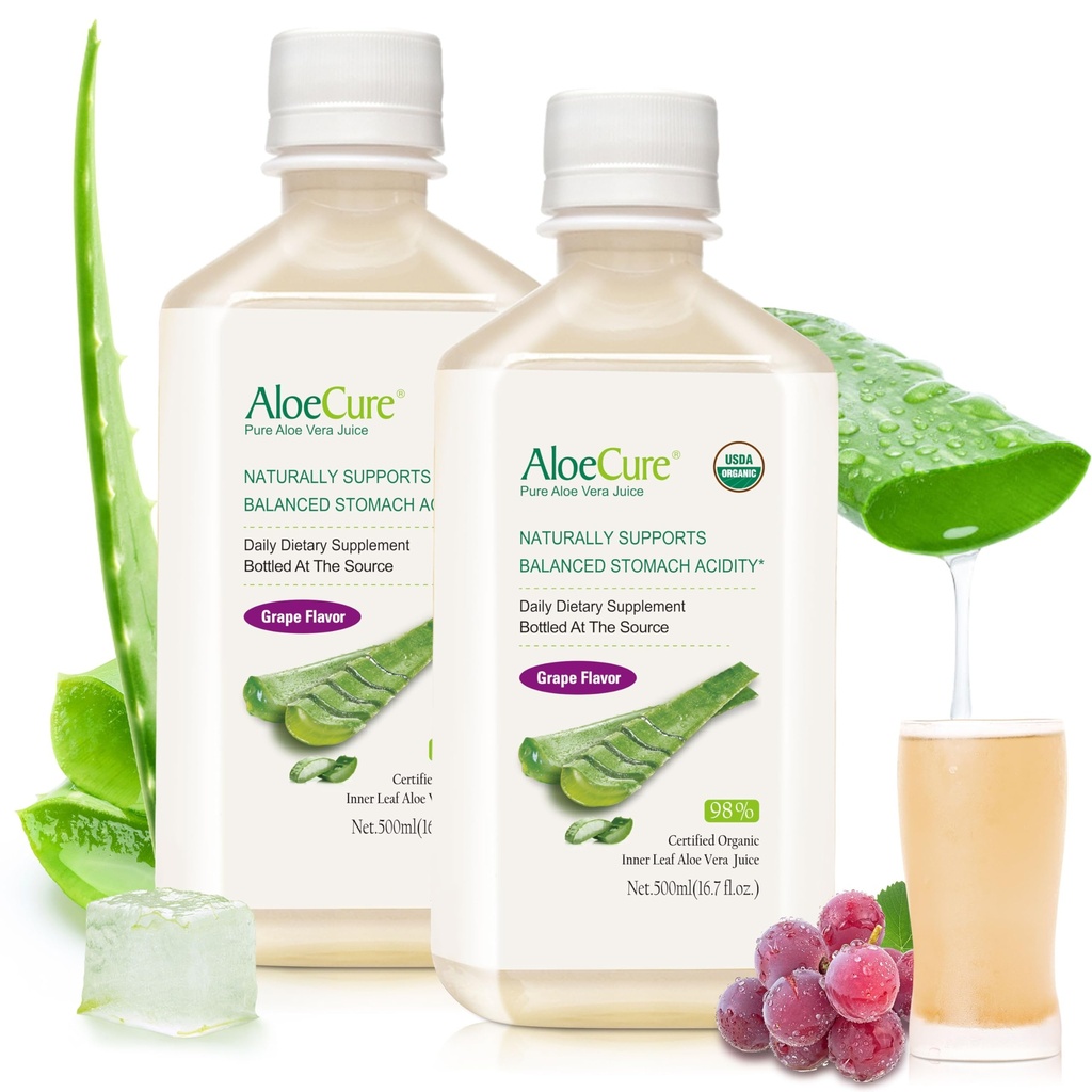 AloeCure USDA אורגני Aloeורה Juice Grape Flavor, המיוצר בתוך 12 שעות של קציר - טהור Aloe Vera Digestive & Immune Health תוספת, עוזר לשמור על איזון של חומציות Stomach, 16.7 x 2 Btls
